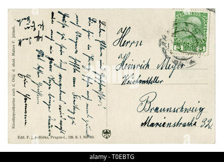 Dos de carte postale (Moravo historique EBWT0T) une lettre avec un timbre vert et un cachet de la Tchéquie Prague, 1912 Annulation, Autriche Banque D'Images