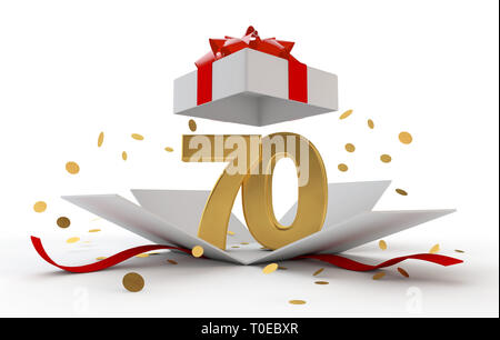 Heureux 70e anniversaire surprise or boxwith ruban rouge. Le Rendu 3D Banque D'Images