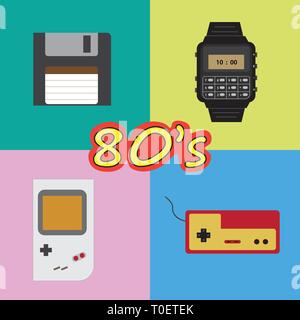 Retro Vintage 80s objets définir et montres jeu de disquettes d'ordinateur Illustration de Vecteur