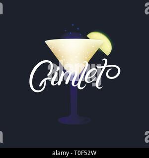 Gimlet cocktail d'alcool. Main moderne lettrage écrit label. Fond sombre. Télévision à la mode style. Vector illustration. Illustration de Vecteur