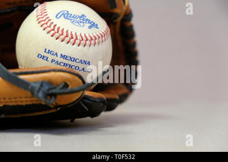 Ballon pris à un match de la ligue d'hiver du Mexique ; Liga Mexicana del Pacifico, le baseball et le gant. Banque D'Images