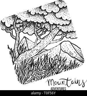 La main libre d'un pic de montagne, leur gravure, grunge textured illustrations vectorielles d'arbres Illustration de Vecteur