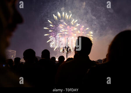 Valence, Espagne. 19 Mar 2019. Des milliers de personnes assistent à l'aile traditionnelle de la Nit del Foc, un feu d'artifice qui s'éteint dans la nuit du 18 au 19 mars à Valence, en Espagne. Credit : Salva Garrigues/Alamy Live News Banque D'Images