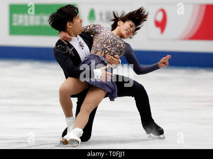 Saitama, Japon. Mar 20, 2019. Le système sui Wenjing (R) et Han Cong effectuer au cours de la compétition des couples programme court de 2019 ISU World Figure Skating Championships à Saitama Super Arena de Tokyo, Japon, le 20 mars 2019. Credit : Wang Lili/Xinhua/Alamy Live News Banque D'Images