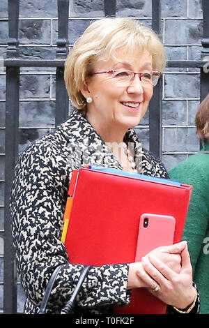 London, UK, UK. Mar 19, 2019. Andrea Leadsom est perçu au départ de No 10 Downing Street après avoir assisté à la réunion hebdomadaire du Cabinet. Il a été rapporté qu'Andrea Leadsom était furieux pendant les 90 minutes de réunion du Cabinet, le mardi 19 mars, '' 'Remainer des membres du Cabinet pour bloquer la sortie de l'UE. Credit : Dinendra Haria SOPA/Images/ZUMA/Alamy Fil Live News Banque D'Images