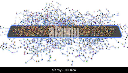 Foule de petites figures 3d symbolique reliées par lignes, système multicouches complexes, zone utilisateurs étirer, sur fond blanc, horizontal, isolé Banque D'Images