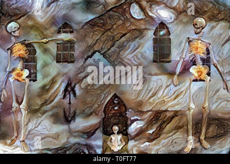 La peinture dans des tons doux avec des squelettes et l'ancien windows Banque D'Images