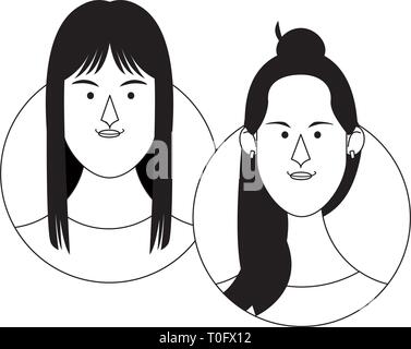 Couple d'amis femmes face en noir et blanc Illustration de Vecteur