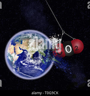 Le réchauffement climatique. La planète terre dans le cadre d'un boulet de fait à partir d'une molécule de CO2. Banque D'Images