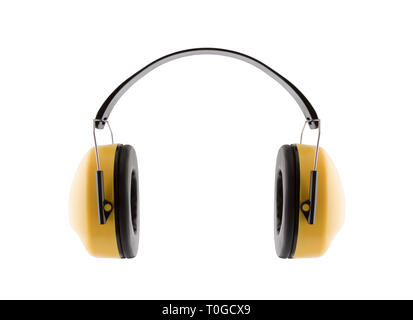Protection contre le bruit. Protection auditive cache-oreilles jaune isolé sur fond blanc Banque D'Images