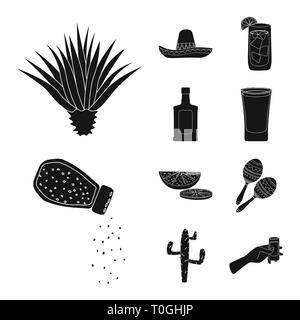 Agave sombrero,cocktail,bouteille,verre,DE,tilleul,,maracas,cactus,plante,mexicain,eau,alcool,sel,vert,instrument,feuilles,espagnol,vodka,coupe,alimentaire,citron,musique,chapeau,claire,pack,coupe,croissance,carnaval,national,Mexique,tequila,fajitas fiesta,party,fête,cafe,Latin,set,icône,,illustration,collection,isolé,design,graphisme,élément,signer,Black,de simples vecteurs vecteur , Illustration de Vecteur