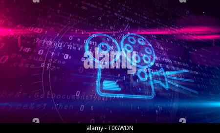 Retro projecteur film hologramme sur fond numérique. 5G, la diffusion TV, DVD, salle de cinéma, d'animation, de diffusion et de transmission par Internet n'abst Banque D'Images