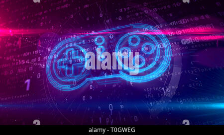 Manette rétro hologramme sur arrière-plan numérique. 5G, jeux, jouer, pad et jeu en ligne concept abstrait 3D illustration. Banque D'Images