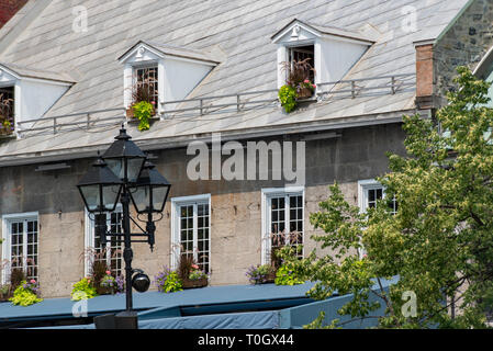 Le vieux Montréal, Québec, Canada. Fenêtres avec des paniers de fleurs en bois brun et blanc les volets sur un bâtiment en brique gris, Place Jacques-Cartier. Banque D'Images