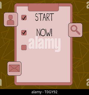 Signe texte montrant commencer maintenant. Texte photo d'affaires n'hésitez pas obtenir de travailler ou faire des choses tout de suite Presse-papiers avec Cocher la case et 3 Icônes d'applications pour As Banque D'Images