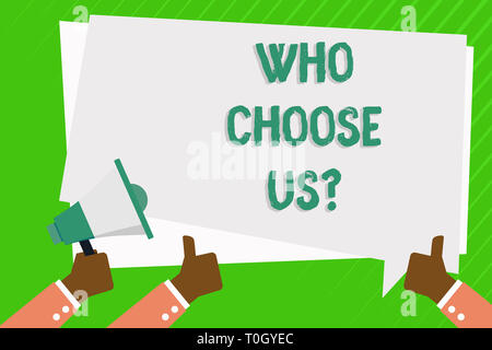 Main conceptuel écrit, indiquant qui choisissent Usquestion. Type de sens Concept montrant que choisir nos services ou produits Hand Pointing et Banque D'Images