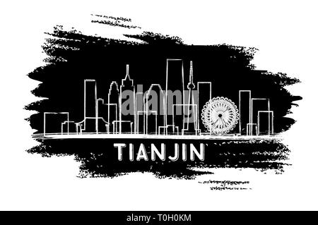 La Chine Tianjin City Skyline Silhouette. Croquis dessinés à la main. Vector Illustration. Les voyages d'affaires et tourisme Concept avec l'architecture historique. Illustration de Vecteur