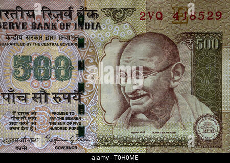 19-03-2019 -Mahatma Gandhi indienne Roupie face sur 500 billets de macro, l'Inde l'argent libre de kalyan près de Mumbai Maharashtra INDE Banque D'Images