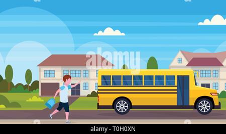 L'exécution d'écolier à chase school bus jaune élèves transport concept paysage de rue résidentielle de banlieue contexte plate horizontale Illustration de Vecteur