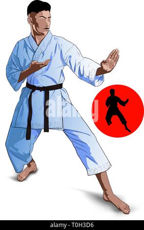 Un homme de karaté dans un kimono blanc avec une ceinture noire exécute kata Illustration de Vecteur