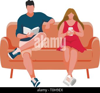 L'homme et la fille assise sur le canapé. Young man reading book. Fille à l'aide de téléphone mobile. Vector illustration Illustration de Vecteur