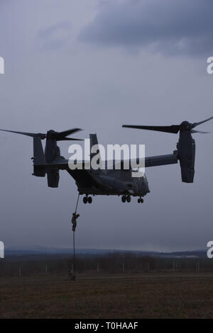 U.S. Air Force avec le 7e Escadron d'opérations spéciales et les forces d'opérations spéciales roumaines une sortie spéciale 352CV-22 Osprey aile des opérations combinées au cours d'une mission de formation, le 12 mars 2019, près de Bacau, Roumanie. (L'U.S. Photo de l'armée par le sergent. Elizabeth Pena) Banque D'Images