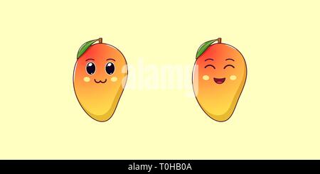 Kawaii Cute Cartoon Mangue, fruits tropicaux. Vector illustration de rouge-jaune mangue mûre avec de charmants et visage rieur, drôle icônes emoji. Fruité juteux Illustration de Vecteur