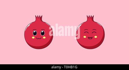 Kawaii Cute Cartoon grenat, des fruits mûrs. Vector illustration de Cartoon avec Grenade et charmant visage rieur, drôle icônes emoji. Autocollant fruité juteux. Illustration de Vecteur