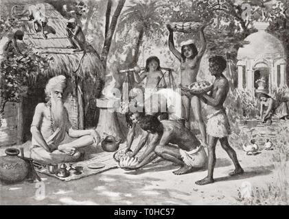 Les gens offrant des fruits à ermit sadhu dans l'ancienne Inde ancienne ancienne époque 1800s image Banque D'Images