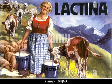 La publicité, l'agriculture, l'herdswoman alpine sur l'alpage, ce qui porte le lait Lactina substitut pour les vaches, légumes pour les jeunes bovins de reproduction, d'indemniser le lait, Suisse, vers 1927, Additional-Rights Clearance-Info-Not-Available- Banque D'Images