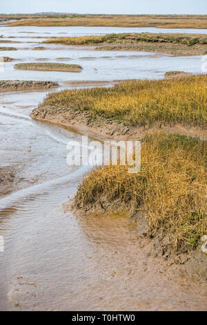 Vue sur la mudFlat à marée basse depuis le sentier national de la côte Norfolk, près de Burnham Overy Staithe, East Anglia, Angleterre, Royaume-Uni. Banque D'Images