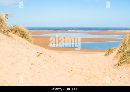 Dunes de sable où Norfolk Coast Path Sentier national de Barnham Overy Staithe atteint la mer, East Anglia, Angleterre, Royaume-Uni. Banque D'Images