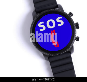 Smartwatch noir isolé sur un fond blanc, SOS Banque D'Images