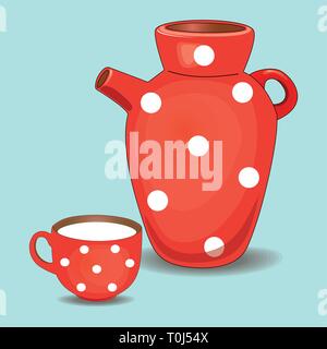 Dessin plat d'une verseuse rouge. Pichet en argile rouge avec pois blancs. Une tasse de lait. Vaisselle pour liquide. Isolé, bleu. Vecteur Illustration de Vecteur