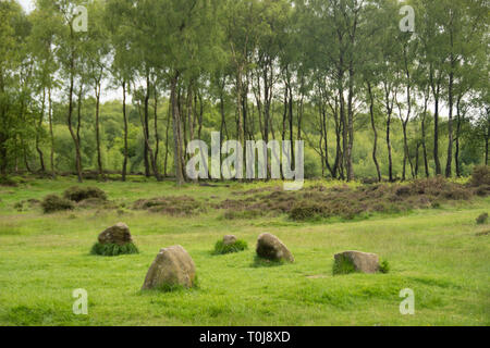 Le Derbyshire, UK - 03 juin 2016 : Sarcen ou pierres à neuf Mesdames Stone Circle, un monument de l'âge du Bronze sur Stanton Moor Banque D'Images