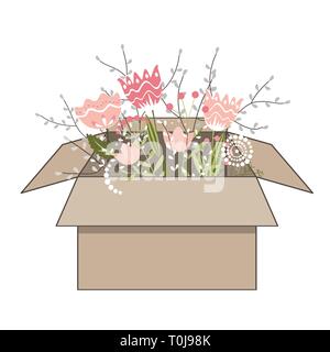 Boîte carton cadeau avec de belles fleurs de printemps doodle sur fond blanc. Vector illustration. Illustration de Vecteur