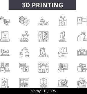 Ligne d'impression 3d'icônes. Signes d'avc modifiable. Icônes : Concept,technologie,fabrication,3d,plastique,design,équipement etc., contours d'impression 3D Illustration de Vecteur