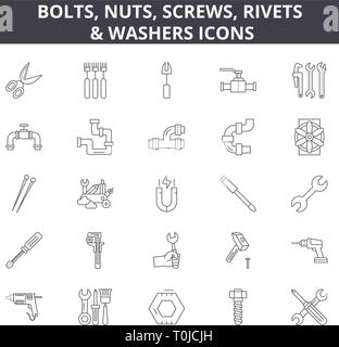 Boulons, écrous, vis, rivets et rondelles line des icônes pour web et mobile de conception. Signes d'avc modifiable. Boulons, écrous, vis, rivets et rondelles résumé du concept Illustration de Vecteur