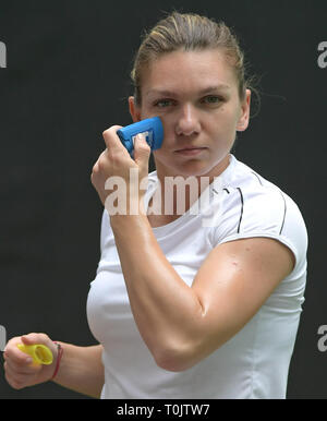 Miami Gardens, Florida, USA. 20 mars, 2019. Miami Gardens, Florida, USA. Mar 20, 2019. Applique un écran solaire : Simona durant la journée portes ouvertes de Miami 3.  : Simona est un joueur de tennis professionnel roumain. La Women's Tennis Association son monde classé n°1 en simple à deux reprises entre 2017 et 2019. Elle atteint le rang n° 1 pour la première fois le 9 octobre 2017. Sur sa deuxième occasion, elle a tenu le classement pendant 48 semaines consécutives. Présenté par Itau au Hard Rock Stadium le 20 mars 2019 à Miami Gardens, Florida Personnes : Crédit : Simona : tempêtes Media Group/Alamy Live N Banque D'Images