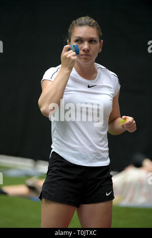 Miami Gardens, Florida, USA. 20 mars, 2019. Miami Gardens, Florida, USA. Mar 20, 2019. Applique un écran solaire : Simona durant la journée portes ouvertes de Miami 3.  : Simona est un joueur de tennis professionnel roumain. La Women's Tennis Association son monde classé n°1 en simple à deux reprises entre 2017 et 2019. Elle atteint le rang n° 1 pour la première fois le 9 octobre 2017. Sur sa deuxième occasion, elle a tenu le classement pendant 48 semaines consécutives. Présenté par Itau au Hard Rock Stadium le 20 mars 2019 à Miami Gardens, Florida Personnes : Crédit : Simona : tempêtes Media Group/Alamy Live N Banque D'Images