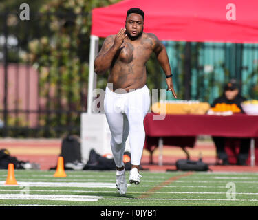Le joueur de ligne défensive USC Trojans Malik Dorton (44) au cours de l'USC Trojans Pro Journée au champ Cromwell et Loker Stadium le mercredi 20 mars 2019 (Photo par Jevone Moore) Banque D'Images