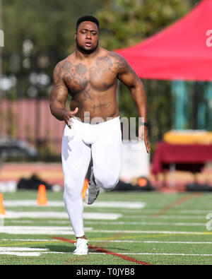 Le joueur de ligne défensive USC Trojans Malik Dorton (44) au cours de l'USC Trojans Pro Journée au champ Cromwell et Loker Stadium le mercredi 20 mars 2019 (Photo par Jevone Moore) Banque D'Images
