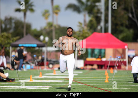Le joueur de ligne défensive USC Trojans Malik Dorton (44) au cours de l'USC Trojans Pro Journée au champ Cromwell et Loker Stadium le mercredi 20 mars 2019 (Photo par Jevone Moore) Banque D'Images