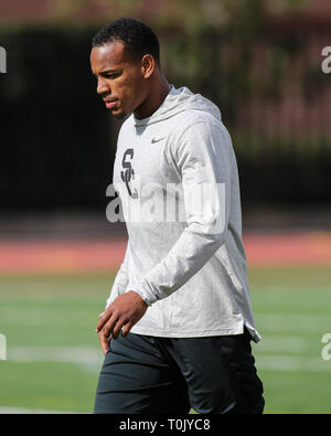 L'USC Trojans Iman évoluait Marshall (8) au cours de l'USC Trojans Pro Journée au champ Cromwell et Loker Stadium le mercredi 20 mars 2019 (Photo par Jevone Moore) Banque D'Images