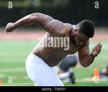 Le joueur de ligne défensive USC Trojans Malik Dorton (44) au cours de l'USC Trojans Pro Journée au champ Cromwell et Loker Stadium le mercredi 20 mars 2019 (Photo par Jevone Moore) Banque D'Images