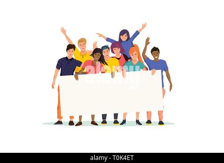Heureux et excité d'un groupe de jeunes gens holding a blank sign board. Vector illustration. Illustration de Vecteur