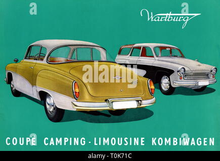 Transport / Transport, voitures, véhicules, Wartburg, coupé et limousine camping, faites par VEB Automobilwerk Eisenach, trois cylindres le moteur à deux temps, 900 centimètres cube volume balayé, 40 hp, vitesse maximale 115 km/h, combinaison de camping, nouvelle version, modèle de voiture, grand espace avec hayon arrière supplémentaire, spacieux, grand volume pour les bagages et le matériel de camping, les quatre sièges sont rapidement convertis en d'un lit double confortable, idéal pour voitures de plus, les données techniques : cinq portes vernies, bichrome, vert et blanc, moteur, Additional-Rights Clearance-Info-Thr-Not-Available Banque D'Images