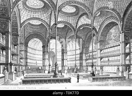 Géographie / voyages, France, Paris, bâtiments, Bibliothèque Nationale de France (Bibliothèque Nationale de France), vue de l'intérieur, salle de lecture, ouverte en 1868, l'illustration à partir de 'enkmaeler der Kunst" (monuments d'Art), par Wilhelm Luebke et Carl von Luetzow, 3e édition, Stuttgart 1879, volume 2, gravure sur acier après tirage par Baldinger, chapitre sur l'architecture, LXII, plaque, Denkmaler Denkmäler, Lubke, Lübke, Lutzow, Lützow, historique, historique, 19e siècle, Français, bibliothèque, bibliothèques, lecture, lire, hall, salles, pilier, Additional-Rights Clearance-Info-piliers,-Not-Available Banque D'Images