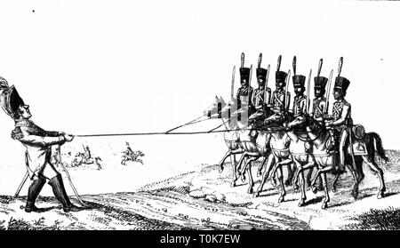 Caricature, militaire allemand, de mots : un général de 'Kraehwinkel" ayant la cavalerie avance (allemand : 'Kavallerie vorziehen", littéralement : "tirez la cavalerie en avant'), gravure, 19e siècle, le jeu de mots, jeux de mots, jeux de mots, calembour, soldat, soldats, cavaliers, cavalier, cavalier, cavaliers, cavalerie, cavaleries, militaires, culturelles, de remous, de blagues blague, caricature, caricatures, cordes, cordes, tirer, tirer, tirer, tirer, historique, historique, Additional-Rights Clearance-Info-Not-Available- Banque D'Images