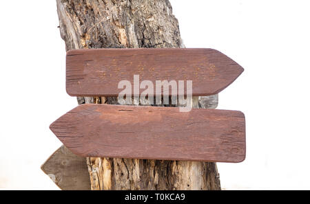 Des directions opposées arrow signs. Deux pointeurs de bois vierge sur un tronc d'arbre, vue rapprochée, de l'espace pour le texte Banque D'Images